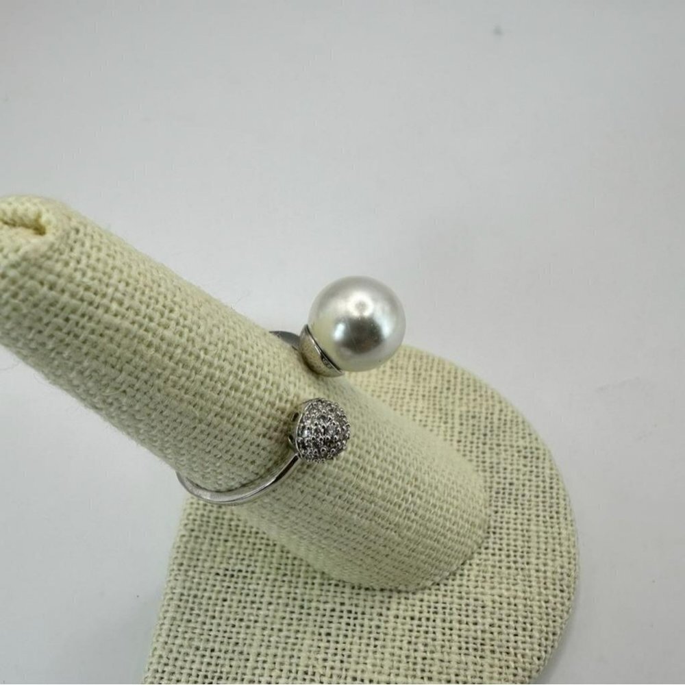 Geo Sphere Open Band Pearl and Zirconia Adjustable Ring - Picture 7 of 9
